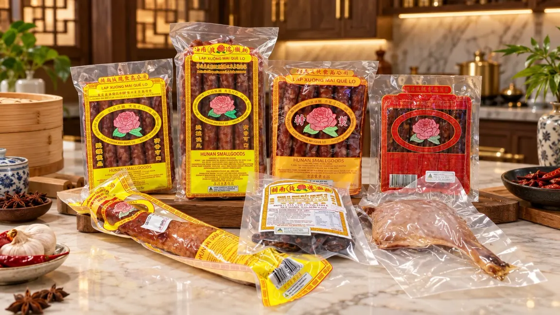 Hunan packaged products arranged on a warm kitchen counter